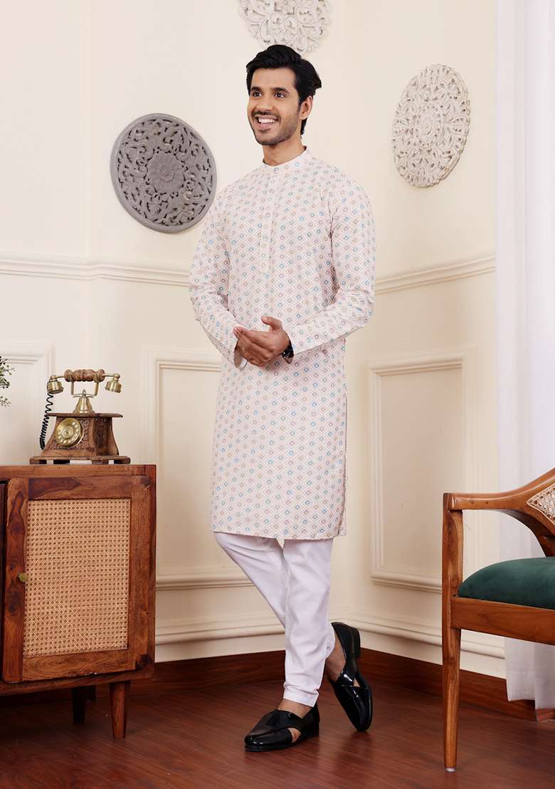 Cream Embroidered Viscose Kurta For Men - Indya