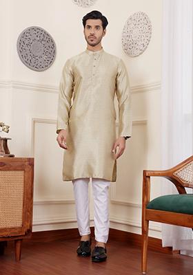 Golden Green Jacquard Viscose Kurta For Men