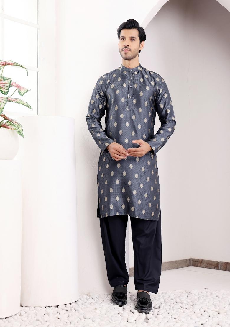 Navy Blue Jacquard Viscose Kurta For Men