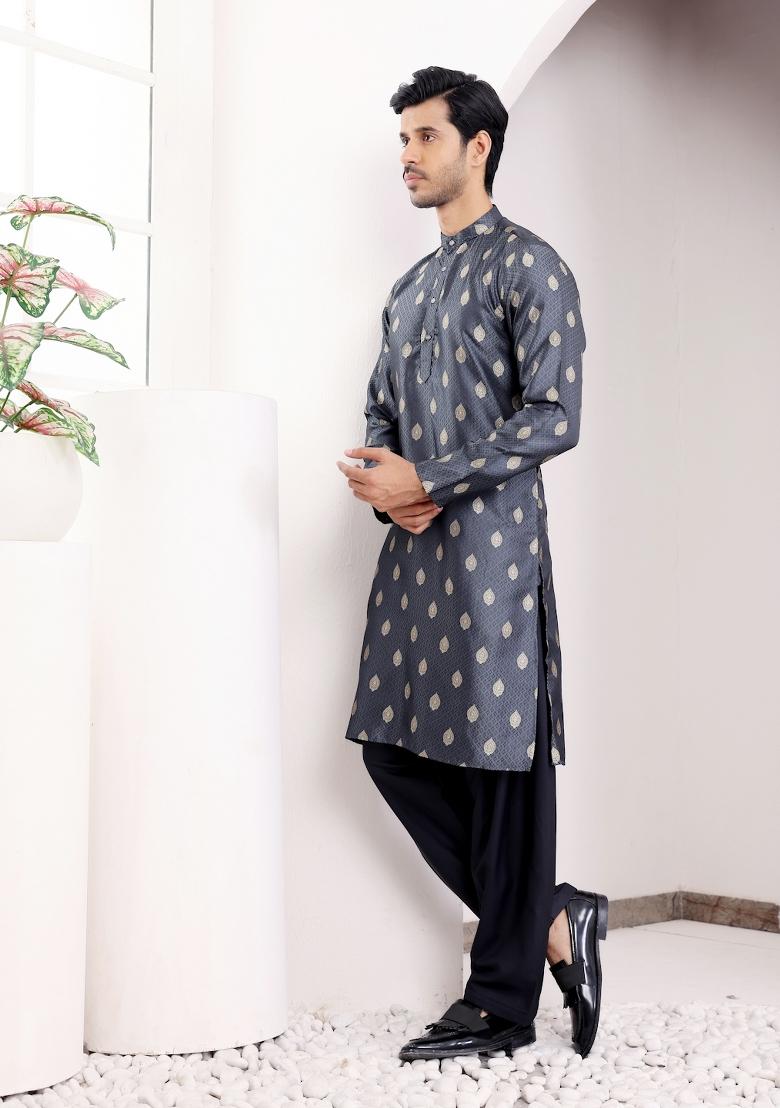 Navy Blue Jacquard Viscose Kurta For Men