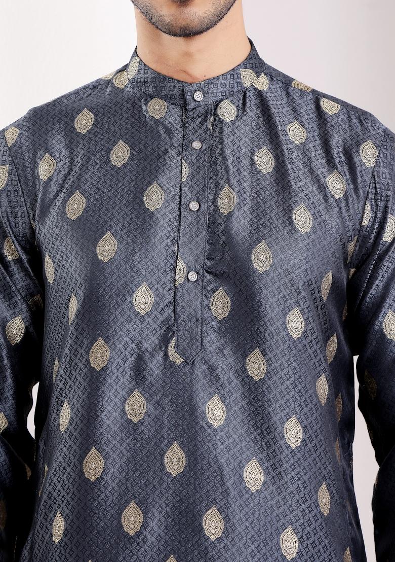 Navy Blue Jacquard Viscose Kurta For Men