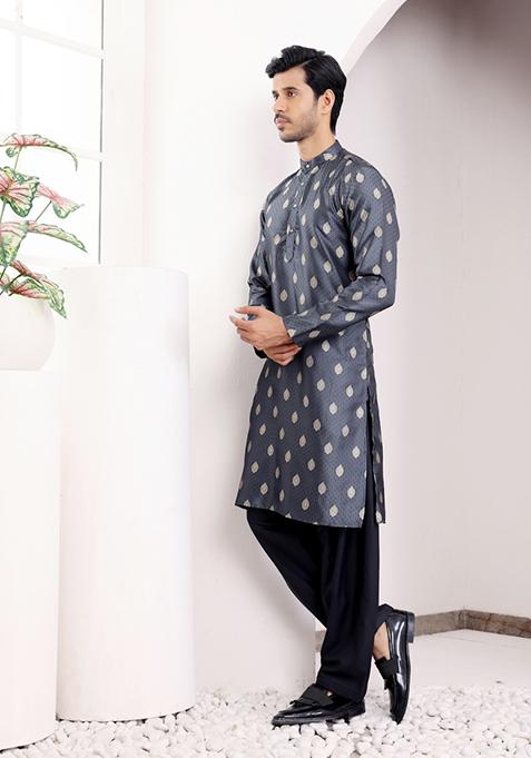 Navy Blue Jacquard Viscose Kurta For Men