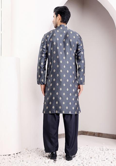 Navy Blue Jacquard Viscose Kurta For Men