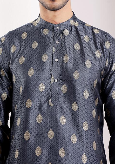 Navy Blue Jacquard Viscose Kurta For Men