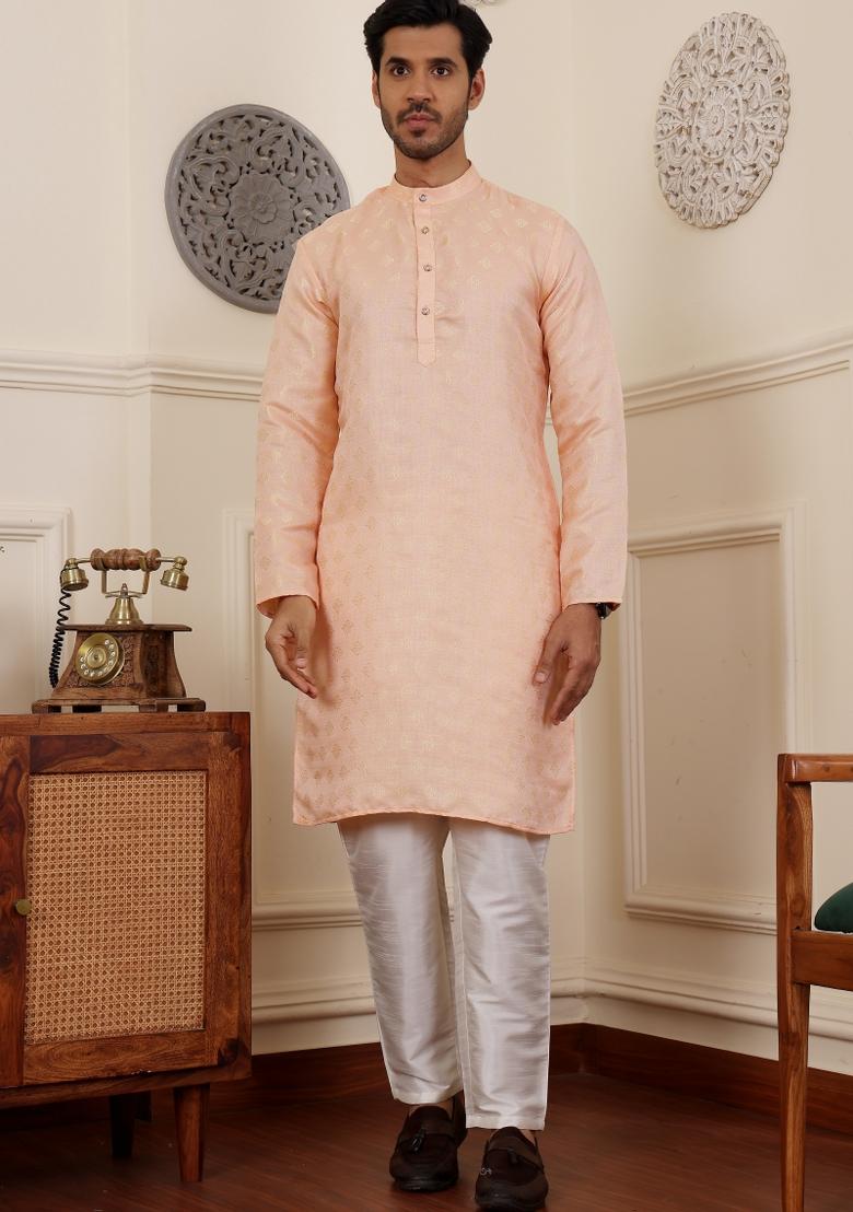 Peach Jacquard Viscose Kurta For Men