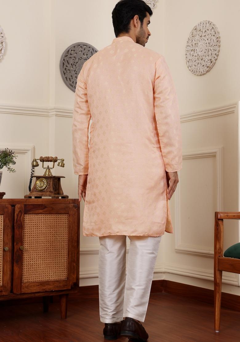Peach Jacquard Viscose Kurta For Men
