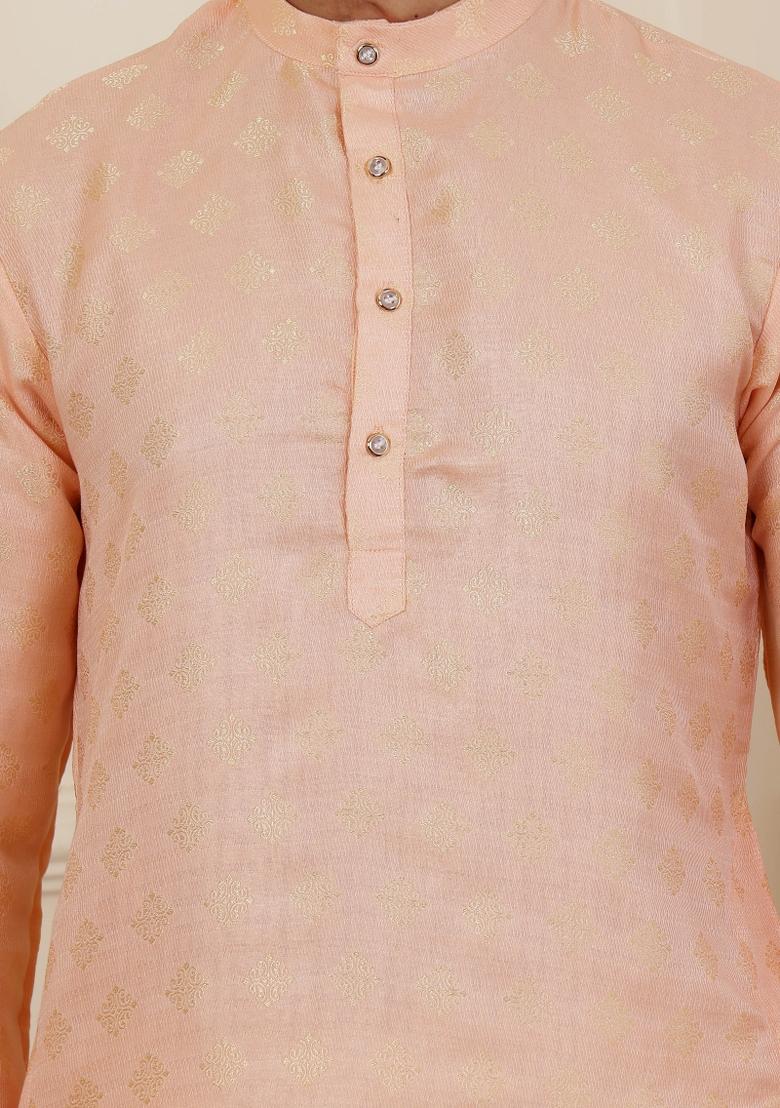 Peach Jacquard Viscose Kurta For Men
