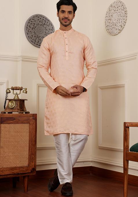 Peach Jacquard Viscose Kurta For Men