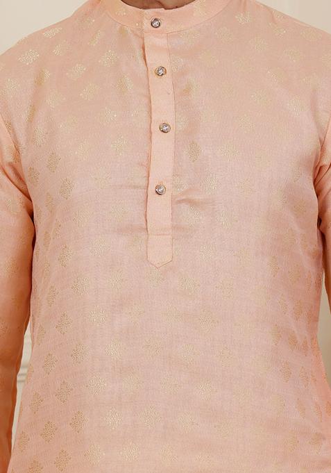 Peach Jacquard Viscose Kurta For Men