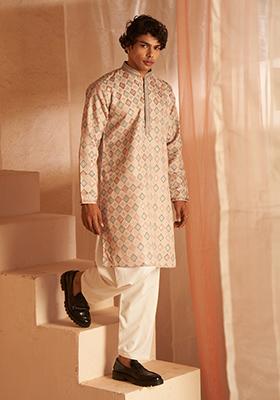 Cream Jacquard Viscose Kurta For Men