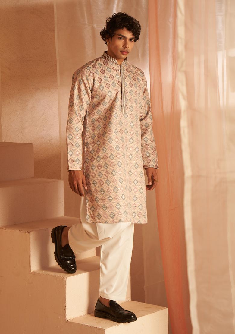 Cream Jacquard Viscose Kurta For Men
