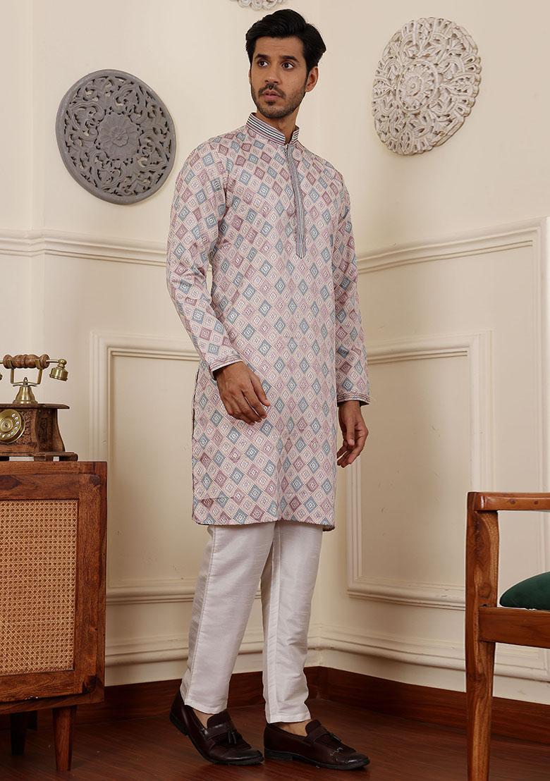 Cream Jacquard Viscose Kurta For Men - Indya