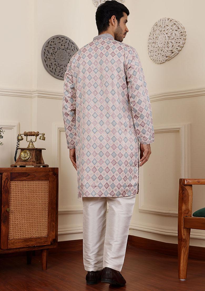 Cream Jacquard Viscose Kurta For Men