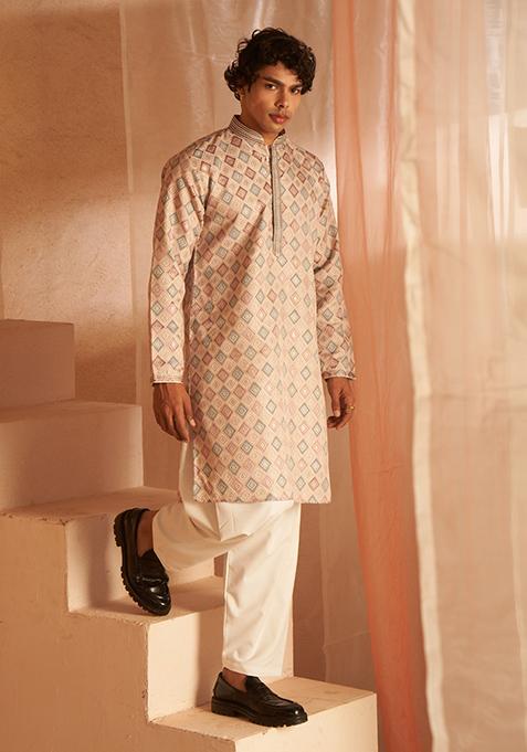 Cream Jacquard Viscose Kurta For Men