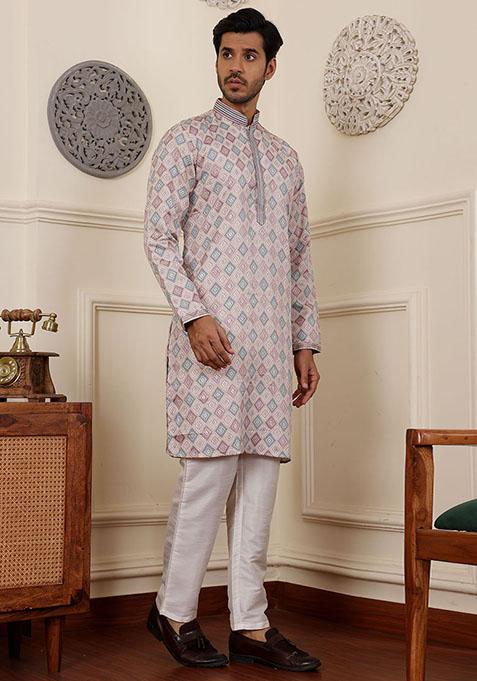 Cream Jacquard Viscose Kurta For Men