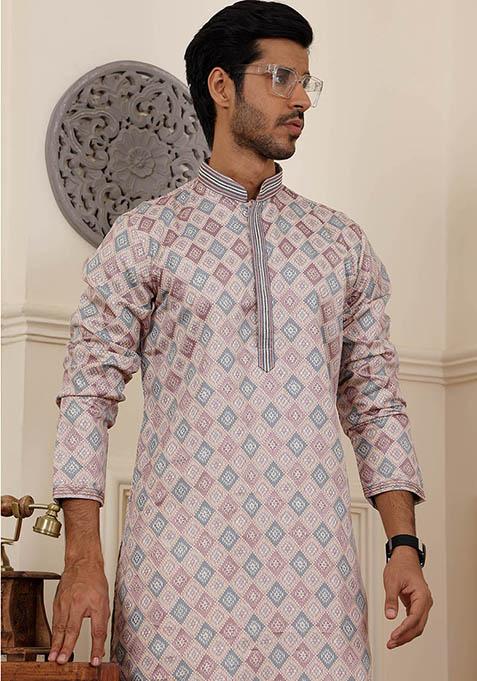 Cream Jacquard Viscose Kurta For Men