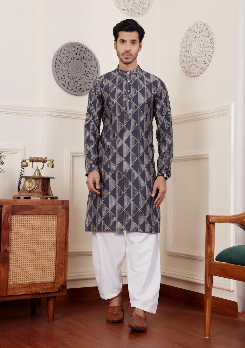 Navy Blue Printed Modal Silk Kurta For Men