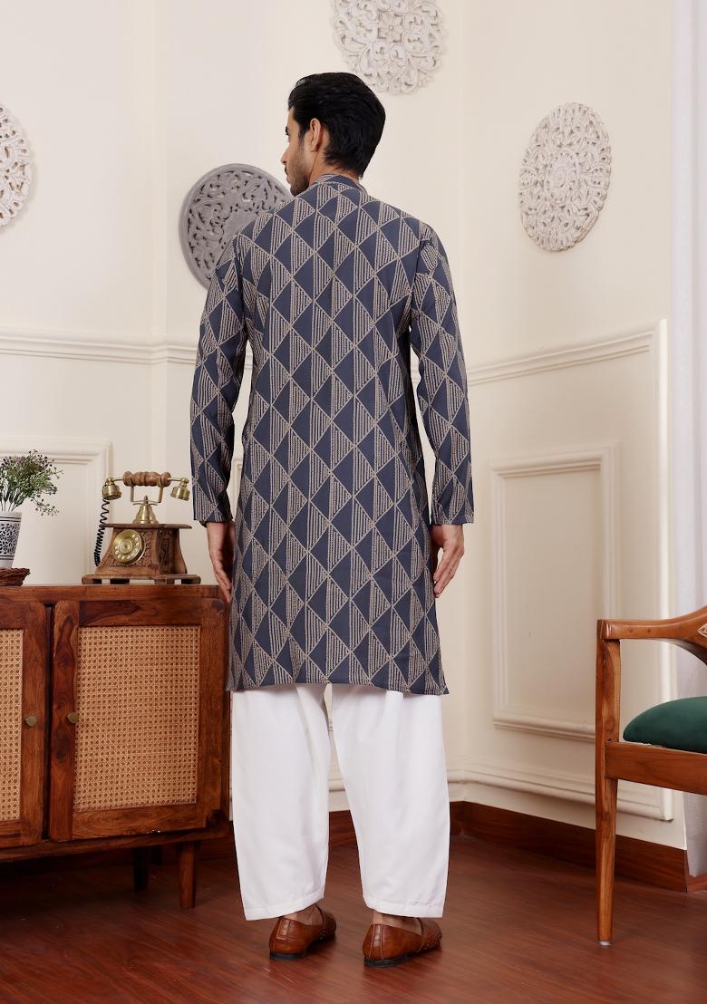Navy Blue Printed Modal Silk Kurta For Men