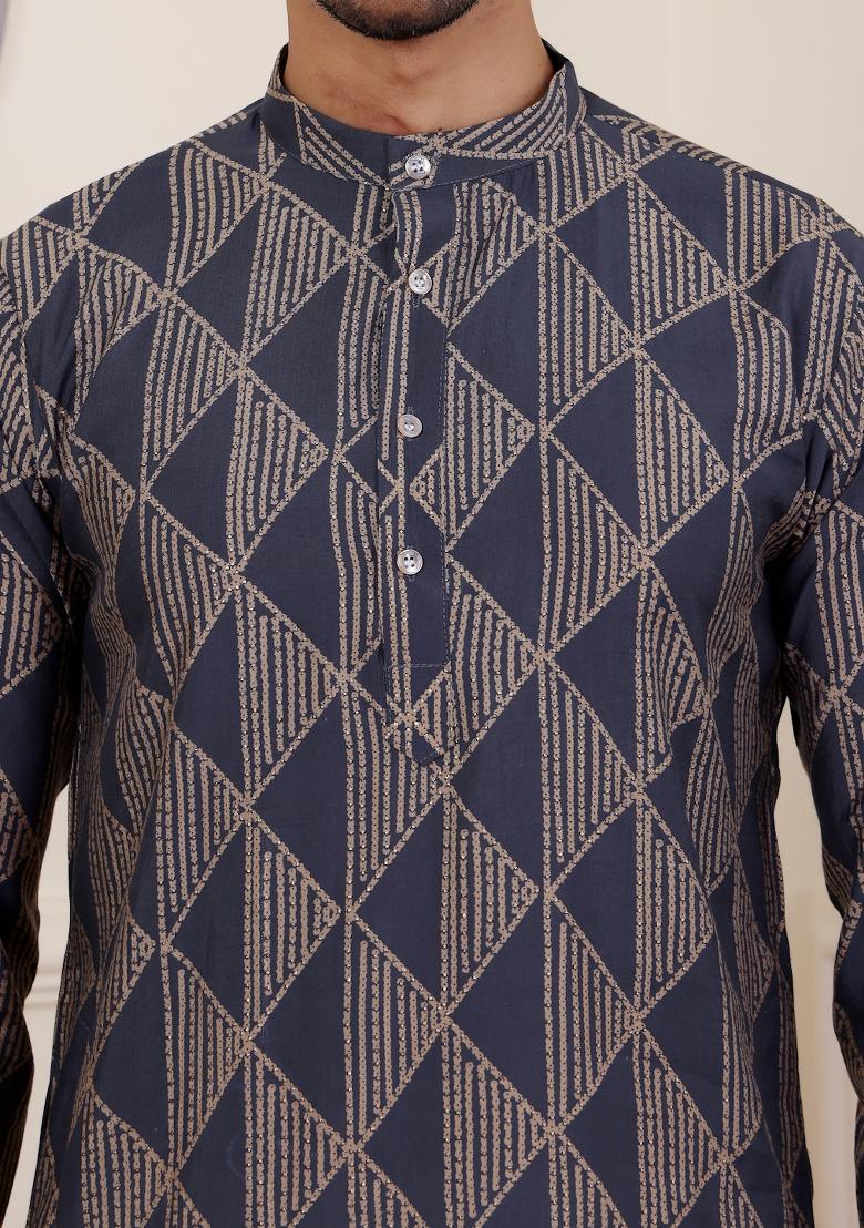 Navy Blue Printed Modal Silk Kurta For Men