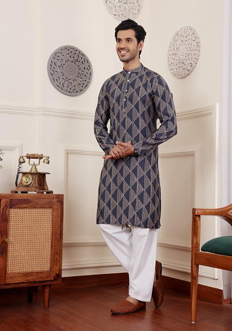 Navy Blue Printed Modal Silk Kurta For Men