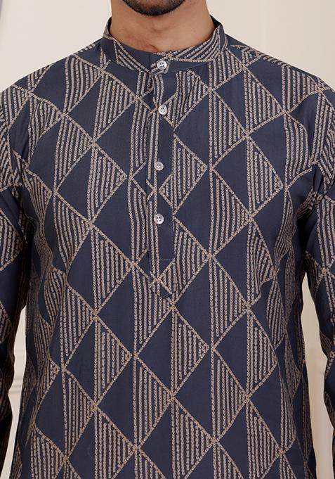 Navy Blue Printed Modal Silk Kurta For Men
