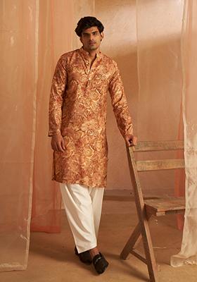 Brown Printed Modal Silk Kurta For Men