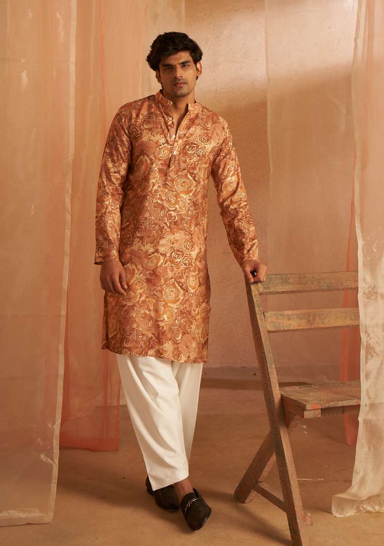 Brown Printed Modal Silk Kurta For Men - Indya