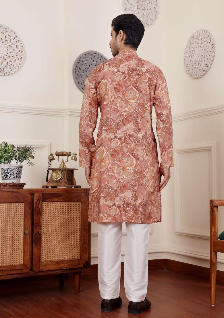 Brown Printed Modal Silk Kurta For Men - Indya