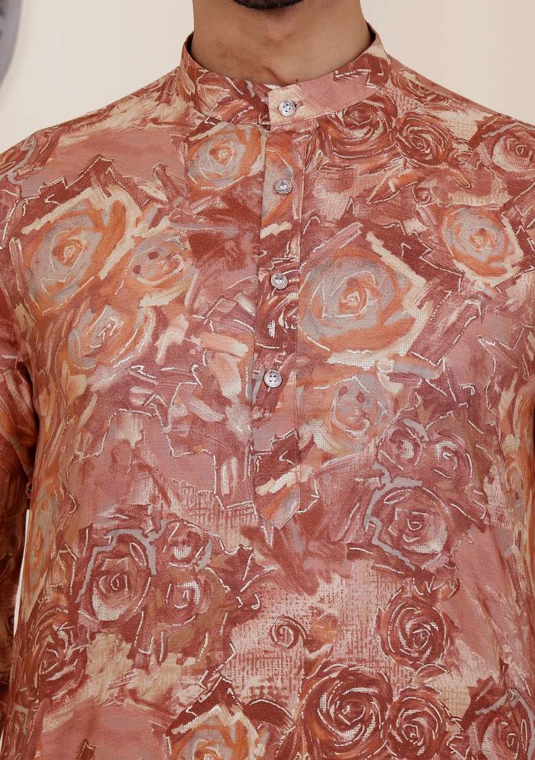 Brown Printed Modal Silk Kurta For Men - Indya