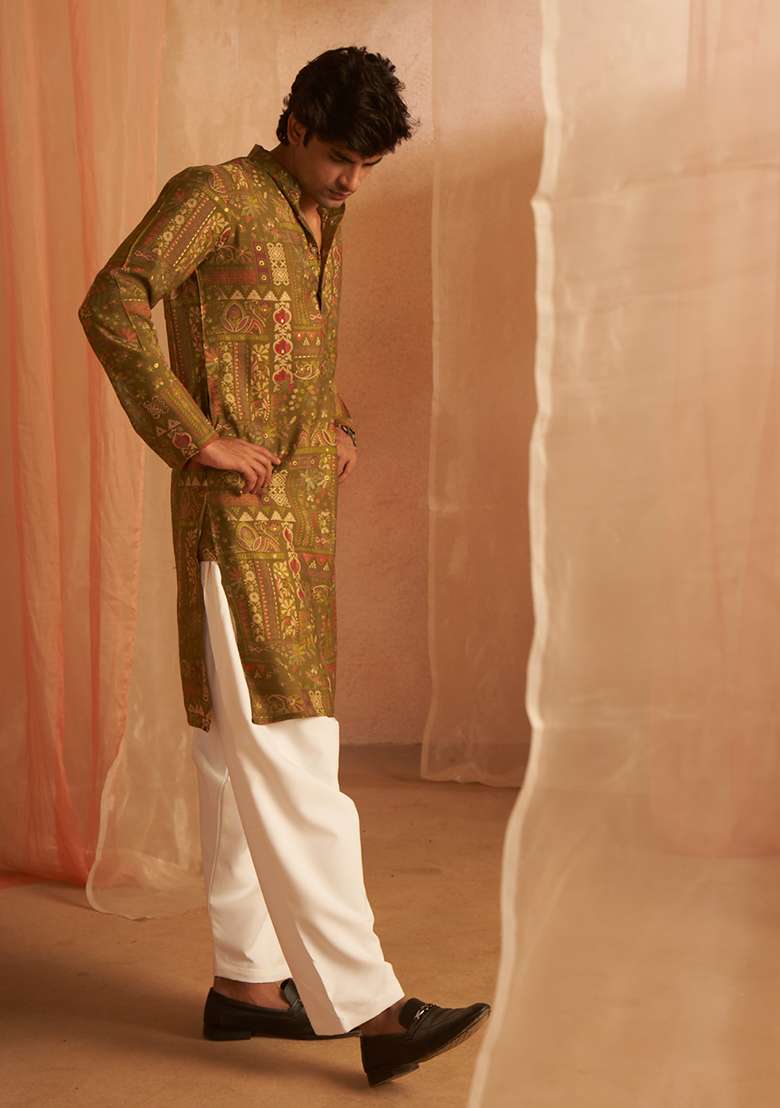 Green Printed Modal Silk Kurta For Men - Indya