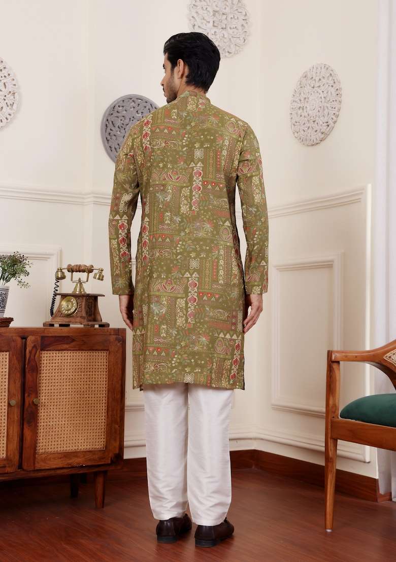Green Printed Modal Silk Kurta For Men - Indya