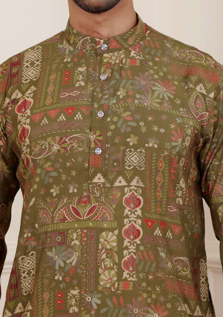Green Printed Modal Silk Kurta For Men - Indya