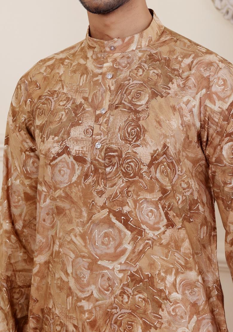 Light Brown Printed Modal Silk Kurta For Men