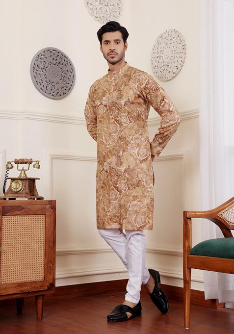 Light Brown Printed Modal Silk Kurta For Men