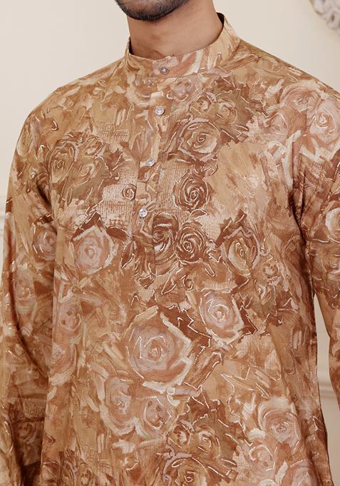 Light Brown Printed Modal Silk Kurta For Men