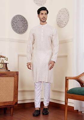 Off White Tie Dye Modal Silk Kurta For Men