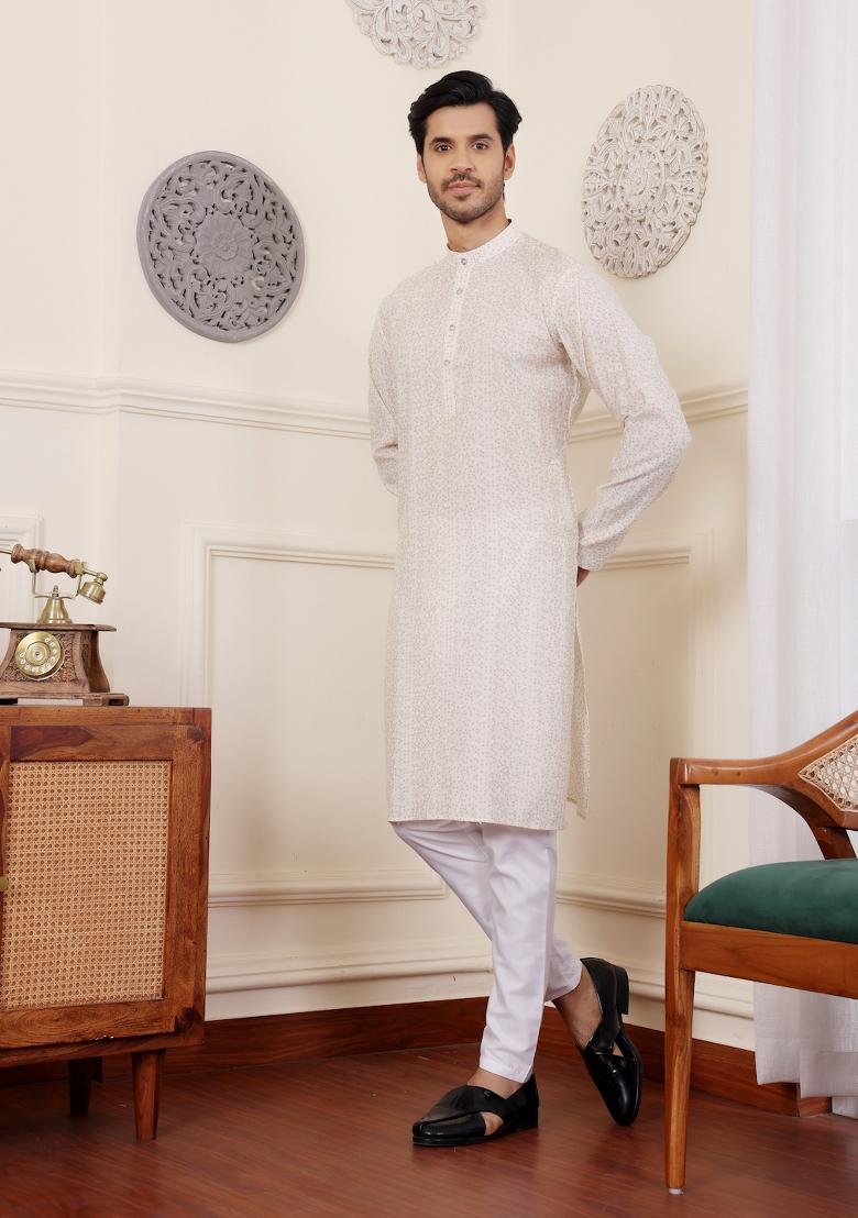 Off White Tie Dye Modal Silk Kurta For Men