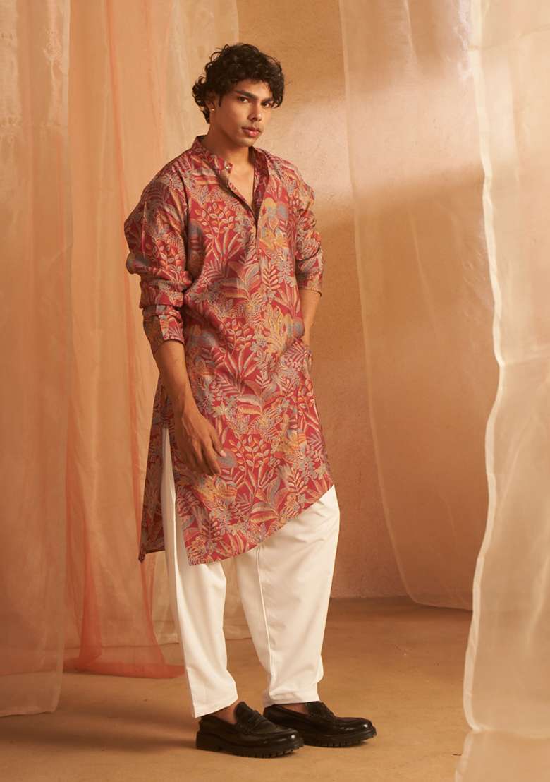 Pink Tie Dye Modal Silk Kurta For Men - Indya