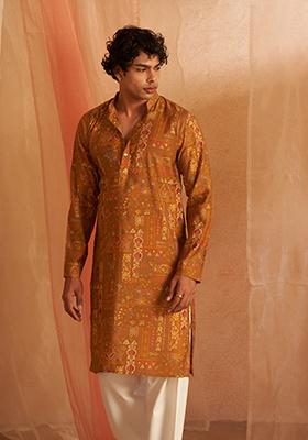 Brownish Yellow Printed Modal Silk Kurta For Men