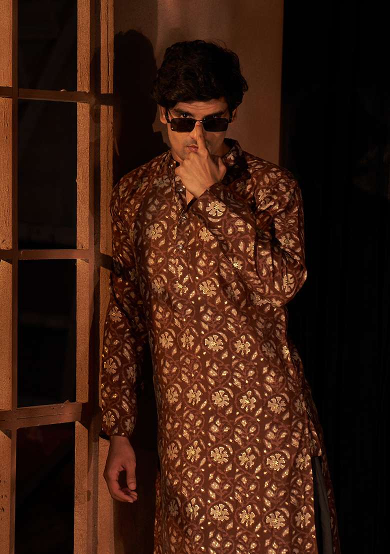 Brown Printed Modal Silk Kurta For Men - Indya
