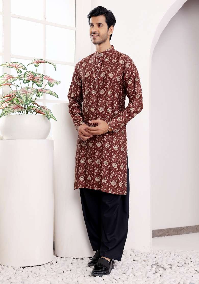 Brown Printed Modal Silk Kurta For Men - Indya