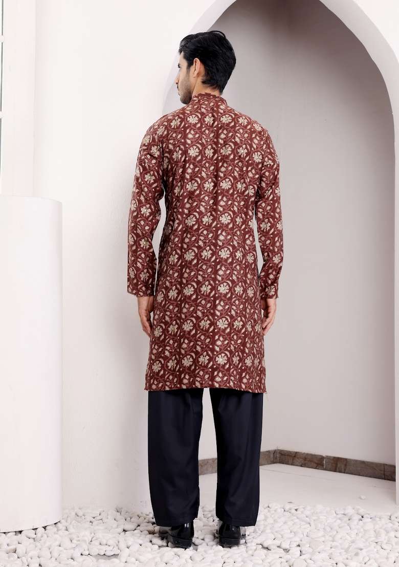 Brown Printed Modal Silk Kurta For Men - Indya