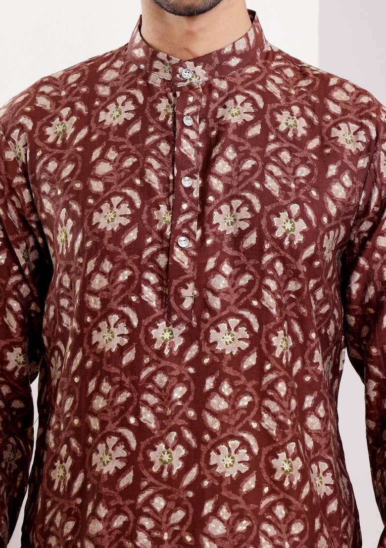 Brown Printed Modal Silk Kurta For Men - Indya