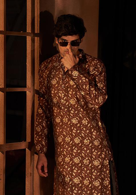 Brown Printed Modal Silk Kurta For Men