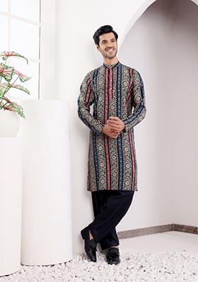 Multi Color Printed Modal Silk Kurta For Men