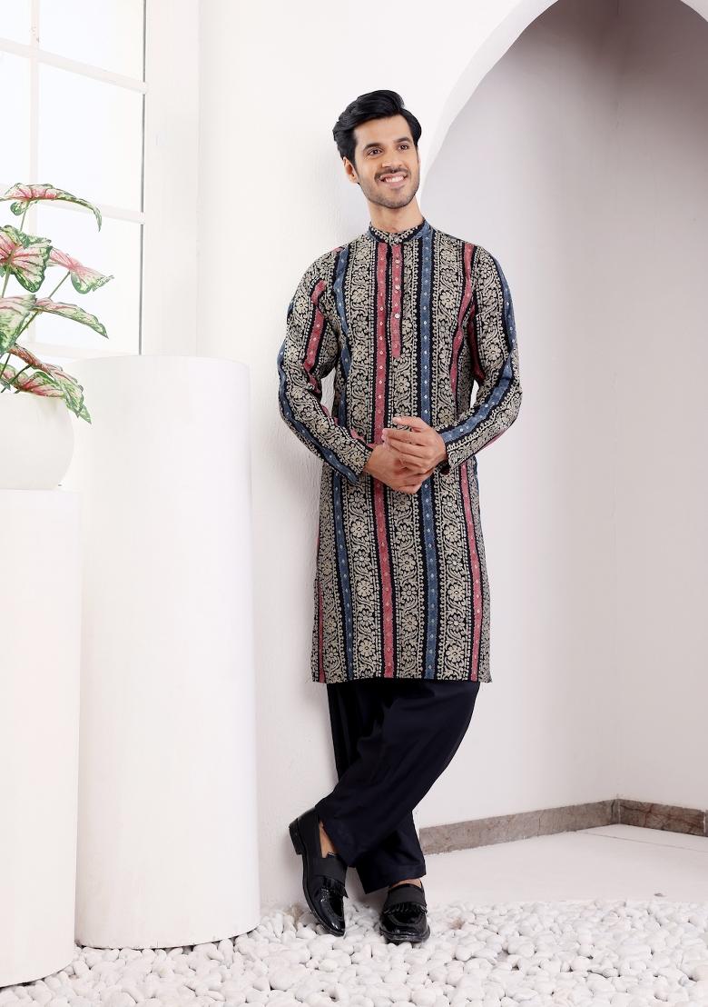 Multi Color Printed Modal Silk Kurta For Men