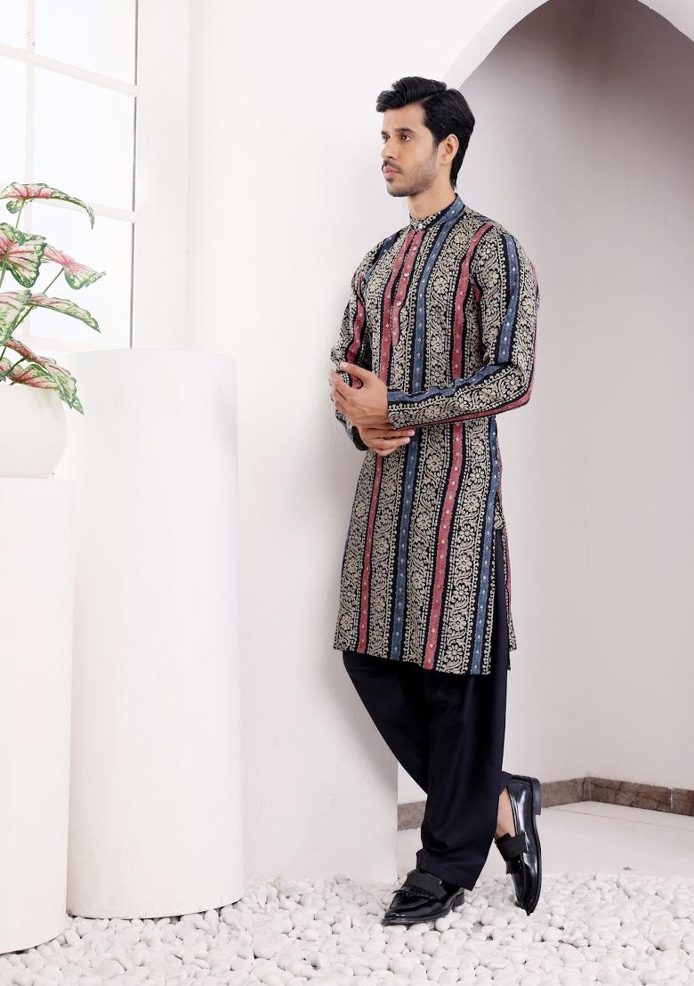 Multi Color Printed Modal Silk Kurta For Men