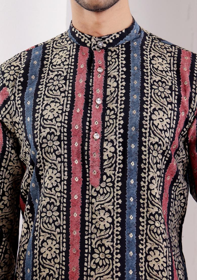 Multi Color Printed Modal Silk Kurta For Men - Indya