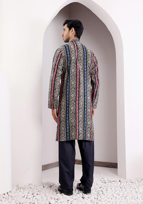 Multi Color Printed Modal Silk Kurta For Men