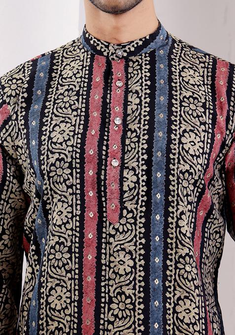 Multi Color Printed Modal Silk Kurta For Men